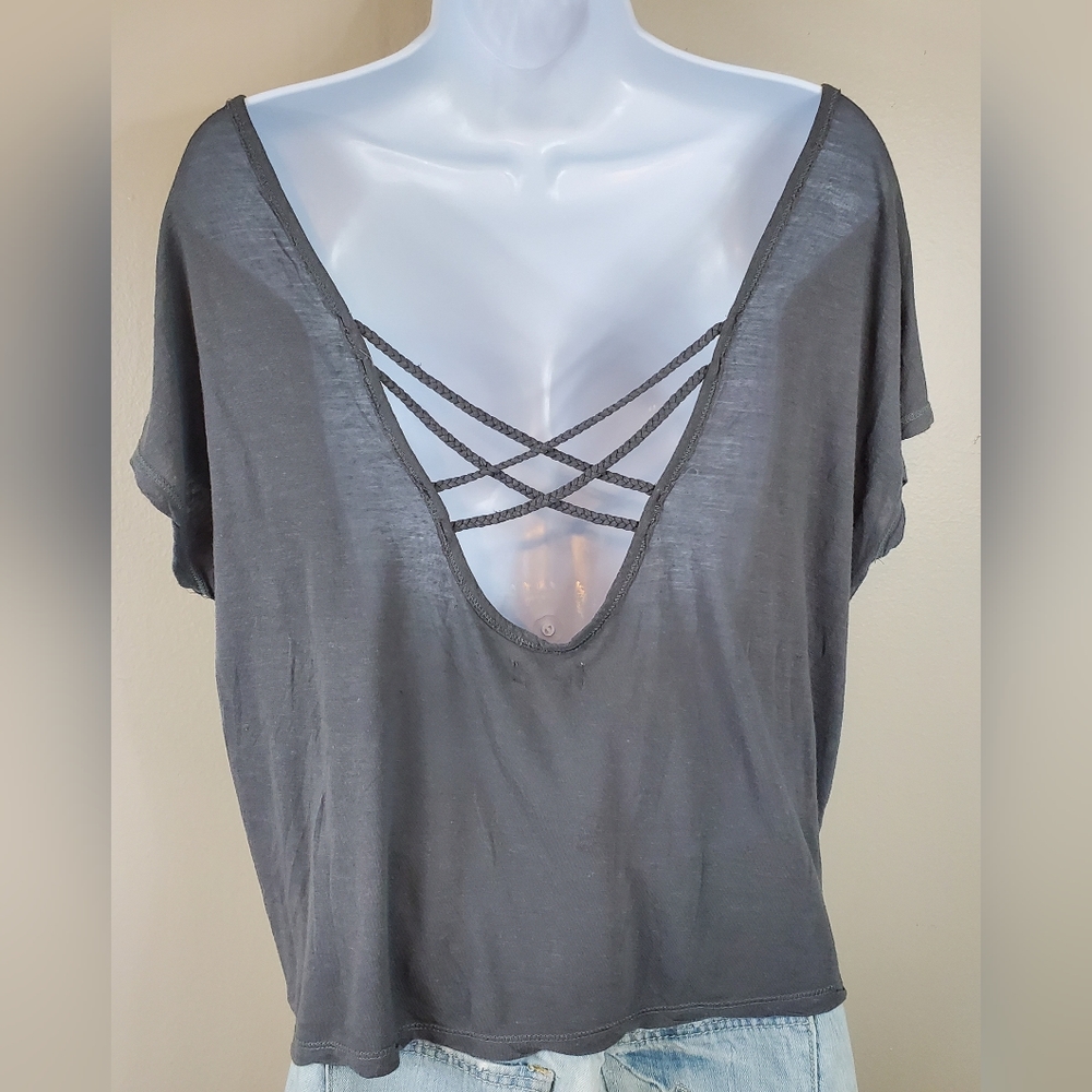 Aerie Gray Scoop Neck Braided Criss-Cross Back Short Sleeve Top